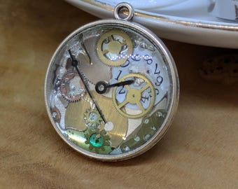 Up-cycled Wrist Watch Parts, Glass Memory Locket Pendant Necklace. Unique, Steampunk, Neo-victoriana.