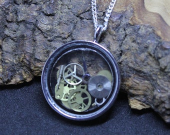 Up-cycled Wrist Watch Parts, Glass Memory Locket Pendant Necklace. Unique, Steampunk, Neo-victoriana.