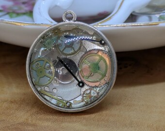 Up-cycled Wrist Watch Parts, Glass Memory Locket Pendant Necklace. Unique, Steampunk, Neo-victoriana.