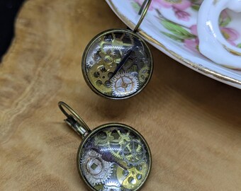 Up-cycled Wrist Watch Parts Glass Cabochon Earrings Unique, Steampunk, Neo-victoriana.