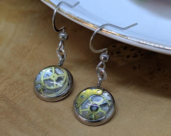 Up-cycled Wrist Watch Parts Glass Cabochon Earrings Unique, Steampunk, Neo-victoriana.