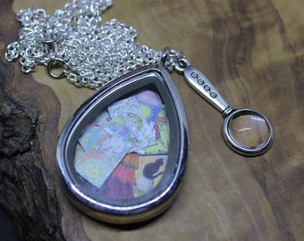 Tarot Card Memory Locket, Pendant Necklace. With miniature magnifying glass charm. Tarot, Fortune teller, divination, Wicca, Spiritual.