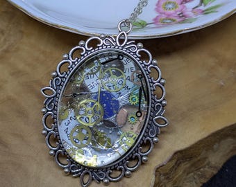 Up-cycled Wrist Watch Parts, Glass Memory Locket Pendant Necklace. Unique, Steampunk, Neo-victoriana.