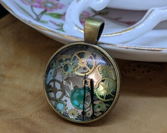 Up-cycled Wrist Watch Parts, Glass Cabochon Pendant Necklace. Unique, Steampunk, Neo-victoriana.