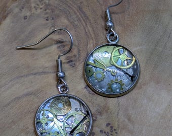 Up-cycled Wrist Watch Parts Glass Cabochon Earrings Unique, Steampunk, Neo-victoriana.