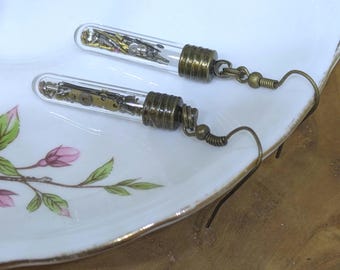 Steampunk Watch Part Earrings in Glass Vial – Recycled Vintage Timepiece Jewelry