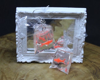 Miniature Orange Gold Fish Earrings. Carnival Fair Ground Style Up-cycled Doll house accessory. Portable Pet Fish. KAWAII Kitch Retro 90's