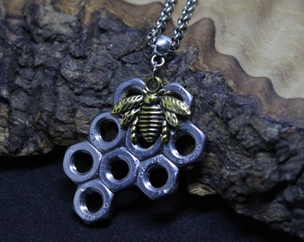 Up-cycled Nuts Honey Comb Bee Necklace. Handmade, unique multi-tone pendant necklace.