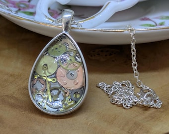Up-cycled Wrist Watch Parts Glass Cabochon Teardrop Pendant Necklace. Unique, Steampunk, Neo-victoriana.