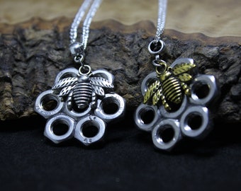 Up-cycled Nuts Honey Comb Bee Necklace. Handmade, unique multi-tone pendant necklace.