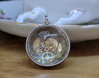 Up-cycled Wrist Watch Parts, Glass Memory Locket Pendant Necklace. Unique, Steampunk, Neo-victoriana.