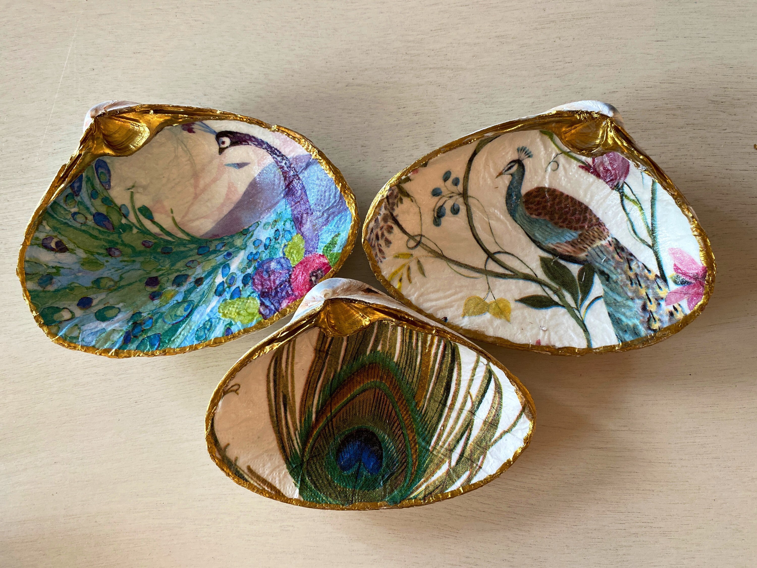 Peacock decoupaged shells Etsy