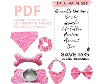 Dog mom set: dog into collar bandana pattern, dog bow tie pattern, bone placemat sewing pattern, tie on bandana, scrunchie and bone toy