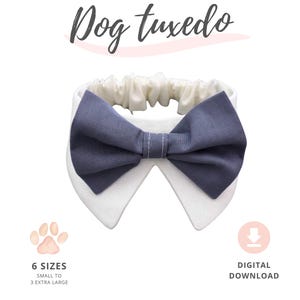 Może przedstawiać: Smoking dla psa z białym kołnierzem i niebieską muchą. Obraz zawiera tekst "Dog tuxedo", "6 rozmiarów od małego do 3 extra large" i "Digital Download".