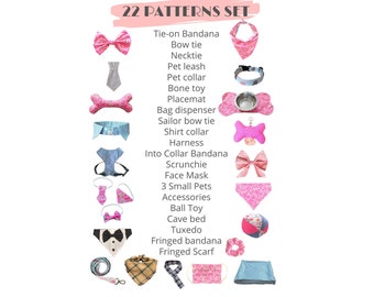 22 Sewing Tutorials and Patterns of pet accessories: pet bandana, bow, harness, pet leash, necktie, placemat, bag dispenser and more!