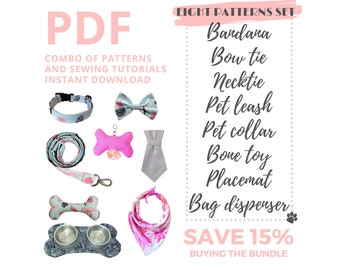 8 PDF Sewing Tutorials and Patterns Set for pet: bandana, bow, necktie, leash, collar, bone toy, placemat and waste bag dispenser