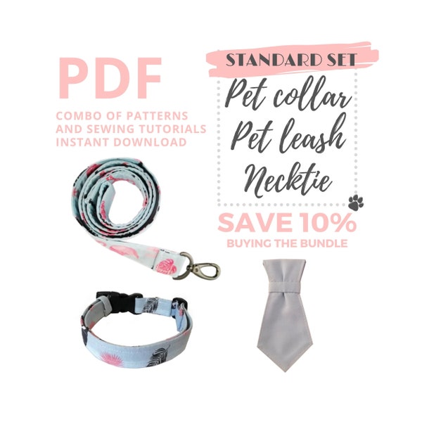 Standard Set of PDF Sewing Tutorials and Patterns for dog accessories: pet collar, pet leash and necktie / PDF Instant Download