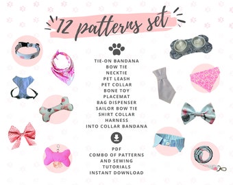 12 Sewing Tutorials and Patterns of dog accessories: pet bandana, bow, harness, pet leash, necktie, placemat, bag dispenser and more!