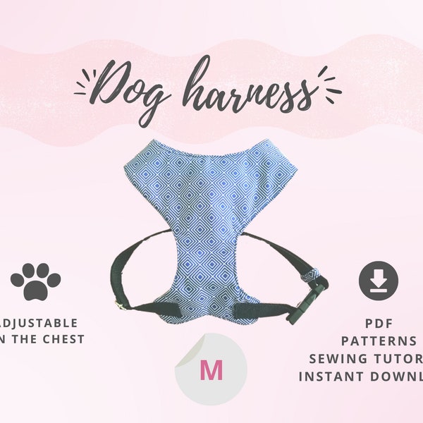 Dog harness sewing pattern Medium size / Adjustable chest harness DIY Tutorial and M Pattern / Sewing for pets PDF Instant Download