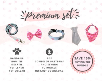 PDF Sewing Tutorials and Patterns of dog accessories: pet bandana, bow, collar, pet leash and necktie / Premium Set /PDF Instant Download