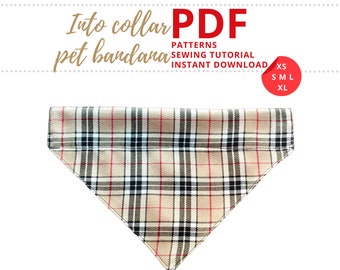 Into collar bandana PDF Tutorial and Patterns / Dog bandana sewing 5 sizes bundle / Puppy slip onto bandana / Over the collar scarf