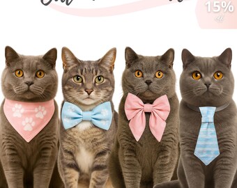 Cat Sewing Patterns Bundle: Cat Necktie, Bandana, Bow and Sailor Bow | DIY Accessories for cats and kittens with video tutorial