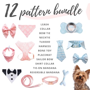 12 Sewing Tutorials and Patterns of dog accessories: pet bandana, bow, harness, pet leash, necktie, placemat, adjustable harness and more!