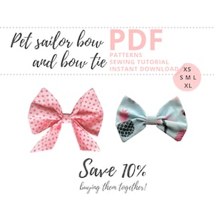 Dog sailor bow and bow tie PDF patterns and tutorials / 2 Bow accessories for pets / 5 sizes sewing patterns XS to XL Instant Download
