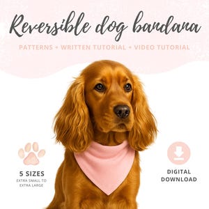 Pode incluir: Um cão dourado usando uma bandana rosa. A imagem inclui o texto "Reversible dog bandana" e "PATTERNS + WRITTEN TUTORIAL + VIDEO TUTORIAL". Texto adicional indica "5 SIZES" e "DIGITAL DOWNLOAD".