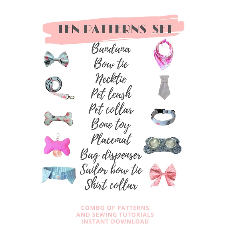 10 Sewing Tutorials and Patterns of dog accessories: dog bandana pattern, dog collar pattern, dog bow tie pattern, dog harness pattern. image 2