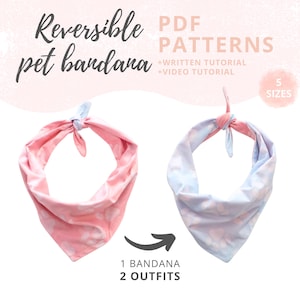 Pode incluir: Bandana reversível para animais de estimação com estampas florais rosa e azul. A imagem mostra duas bandanas, uma rosa e outra azul, com o texto "Reversible pet bandana" e "PDF PATTERNS + WRITTEN TUTORIAL + VIDEO TUTORIAL". As bandanas são para animais de estimação e vêm em 5 tamanhos.