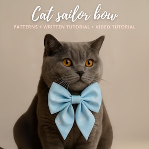 May include: A gray cat with bright yellow eyes wearing a light blue sailor bow with white polka dots. The text "Cat sailor bow" is at the top, with "PATTERNS + WRITTEN TUTORIAL + VIDEO TUTORIAL" below it.