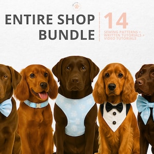 Pode incluir: Imagem promocional com cinco cães de várias raças, cada um adornado com acessórios elegantes. Os cães usam gravatas borboleta, coleiras e coletes. O texto na parte superior diz "ENTIRE SHOP BUNDLE" e "14 SEWING PATTERNS + WRITTEN TUTORIALS + VIDEO TUTORIALS."