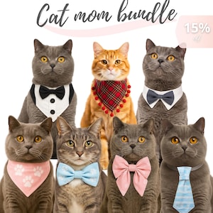 Pode incluir: Uma coleção digital de acessórios para gatos, incluindo laços, bandanas e gravatas. A imagem mostra sete gatos usando esses itens, com o texto "Cat mom bundle" e "PDF PATTERNS + WRITTEN TUTORIALS + VIDEO TUTORIALS" na parte superior.