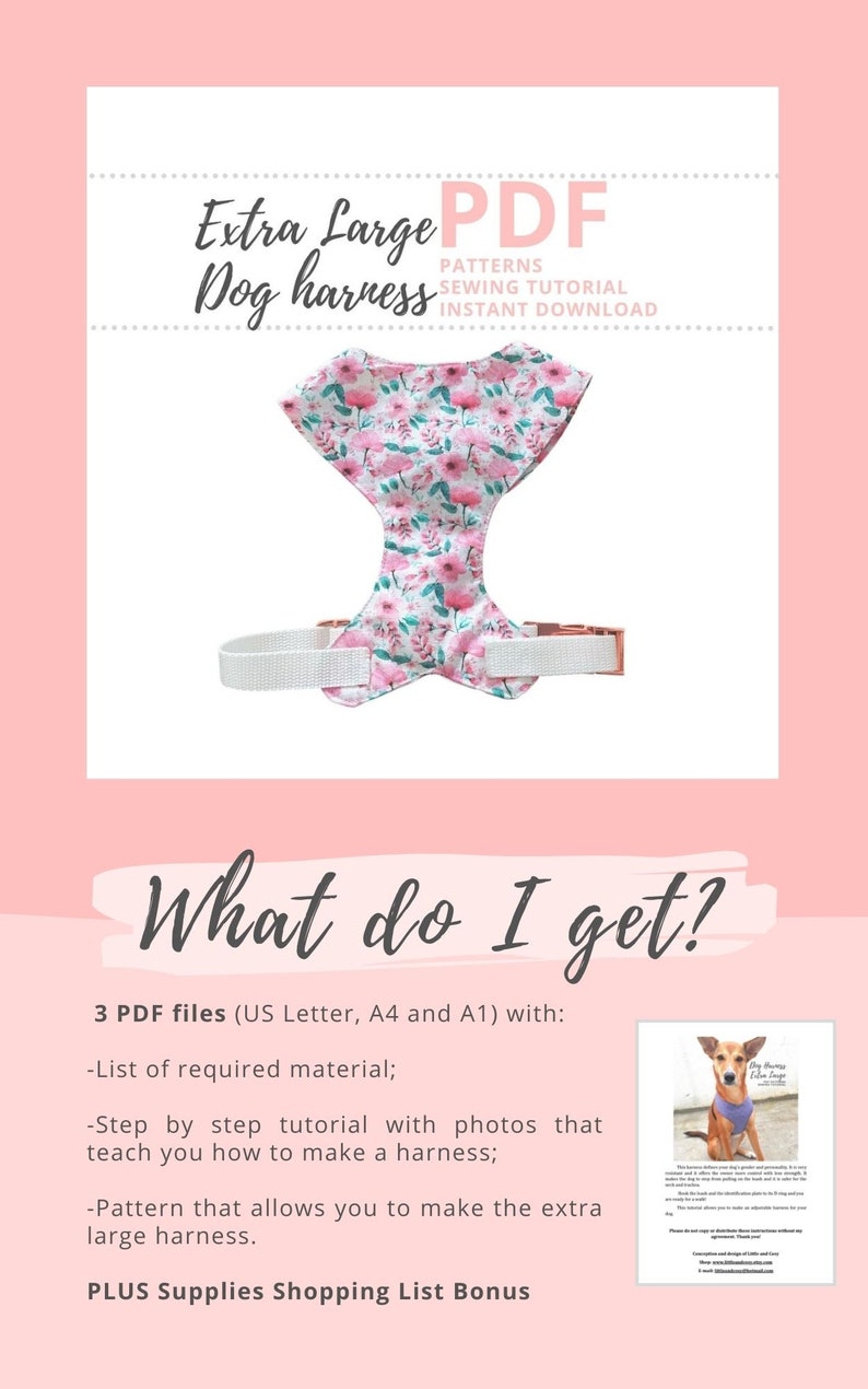 Dog harness pattern / PDF sewing pattern Extra Large size / XL Adjustable chest harness DIY Tutorial and Pattern / Instant Download image 2