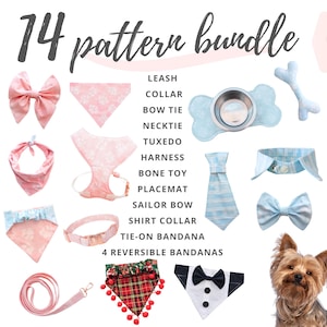 Pode incluir: Uma imagem mostrando um "pacote de 14 padrões" para animais de estimação, incluindo gravatas borboleta, bandanas e uma coleira. A imagem apresenta uma variedade de acessórios para animais de estimação em rosa e azul, com um cão Yorkshire Terrier. O texto inclui "PDF Patterns + Written Tutorials + Video Tutorials".