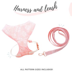 Pode incluir: Conjunto de arnês e trela rosa para animais de estimação. O arnês apresenta um padrão de pegadas e correias ajustáveis. A trela tem uma cor a condizer e um fecho de metal. O texto na imagem diz "Harness and leash" e "All pattern sizes included!"