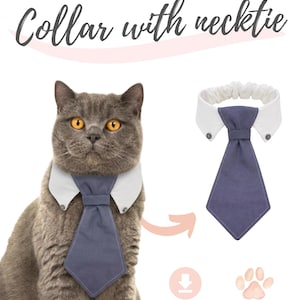 Cat Collar with Necktie Sewing Pattern + Video Tutorial, Fake Shirt collar and neck tie, Formal scrunchie bandana, Cat accessories Easy DIY