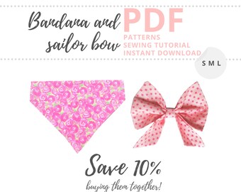 Dog bandana pattern PDF and bow tie pattern / Beginner dog bandana pattern and sailor bow sewing pattern / Bow pattern for dog girl