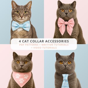 Pode incluir: Quatro gatos usando diferentes acessórios de coleira, incluindo uma gravata borboleta azul-clara com pegadas brancas, um laço rosa sólido, uma bandana rosa com pegadas brancas e uma gravata listrada azul-clara. Texto: 4 CAT COLLAR ACCESSORIES.
