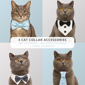 Pode incluir: Quatro acessórios de coleira para gato, incluindo uma gravata borboleta azul clara com patas brancas, um babador estilo smoking preto e branco, uma gola branca com gravata borboleta cinza escuro e uma gravata azul clara listrada. Texto: 4 CAT COLLAR ACCESSORIES.