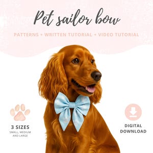 May include: A golden Cocker Spaniel wearing a light blue and white patterned sailor bow. The image includes the text "Pet sailor bow" and "PATTERNS + WRITTEN TUTORIAL + VIDEO TUTORIAL". Also shown are "3 SIZES" and "DIGITAL DOWNLOAD".