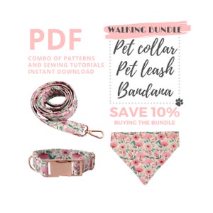 PDF Sewing Tutorials and Patterns of dog accessories: pet collar, leash and into collar bandana / Walking Bundle Digital Download