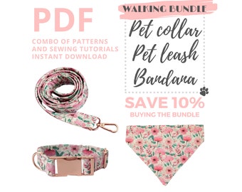 PDF Sewing Tutorials and Patterns of dog accessories: pet collar, leash and into collar bandana / Walking Bundle Digital Download