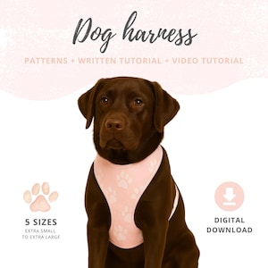 May include: A brown Labrador wearing a pink dog harness with white paw prints. The image includes the text "Dog harness" and "PATTERNS + WRITTEN TUTORIAL + VIDEO TUTORIAL". Additional text indicates "5 SIZES" and "DIGITAL DOWNLOAD".