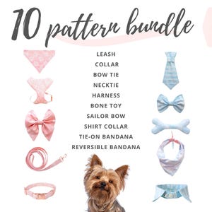 10 Sewing Patterns + Video Tutorial: dog bandana, bow tie, adjustable collar, leash, necktie, dog food mat, step in dog harness and more!