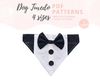 May include: A dog tuxedo bandana with a black bow tie and two black buttons on a white shirt front design. The bandana has black trim and is in the shape of a triangle. The image also includes the text "Dog Tuxedo PDF Patterns 4 sizes".
