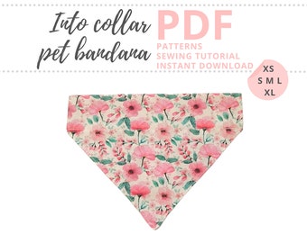 Into collar bandana PDF Tutorial and Patterns / Dog bandana sewing 5 sizes bundle / Puppy slip onto bandana / Over the collar scarf