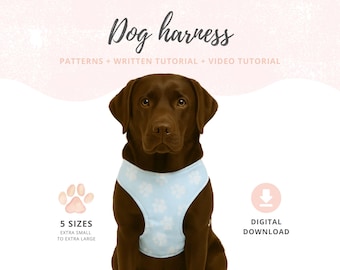 May include: A brown Labrador wearing a light blue dog harness with white paw prints. The image includes the text "Dog harness" and details about patterns, tutorials, and sizes, available as a digital download.