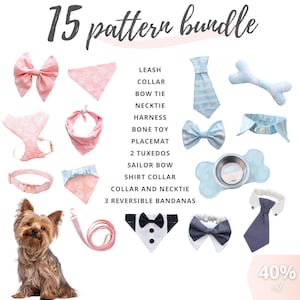 Pode incluir: Uma coleção de acessórios para animais de estimação, incluindo laços, bandanas, coleiras e um brinquedo em forma de osso. A imagem apresenta uma variedade de padrões e cores, com o texto "15 pattern bundle" no topo. Um cão pequeno também é retratado.